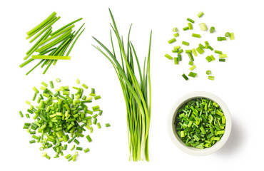 fresh green herbs: chives, collection of isolated herbal food design element, bunch of whole chive blades, chopped sprinkled ones, loose, in a heap and a small bowl, healthy nutrition or garden set - obrazy, fototapety, plakaty