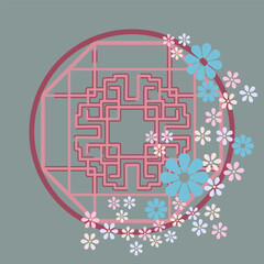 Chinese traditional window in flowers. Hand-drawing of a Chinese window with traditional elements on the blue background. Vector. Illustration for a card, poster, banner, label, print.