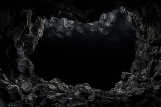 Hole in a cave isolated on black background , generative ai