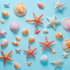 Seashells and starfish on flat lay blue background 