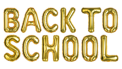 Naklejka premium Back to school. Back 2 School balloons. Yellow Gold foil helium balloon. Good for advertising, event, store shop posters. English alphabet letters, word. High resolution photo. Isolated background 