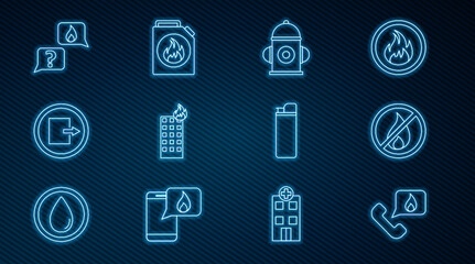 Set line Telephone with emergency call 911, No fire, Fire hydrant, in burning building, exit, Phone, Lighter and Canister for flammable liquids icon. Vector