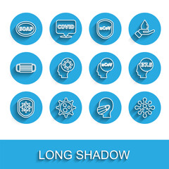 Set line Shield protecting from virus, Virus, Bar of soap, Face medical protective mask, Human and, High human body temperature and Corona 2019-nCoV icon. Vector