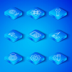 Set line Gear and arrows as workflow process, Calculator, Wrench spanner gear, Electric drill machine, Calliper caliper scale, Location with wrench and Pencil icon. Vector