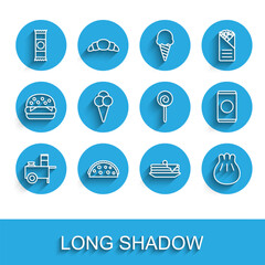Set line Fast street food cart, Taco with tortilla, Chocolate bar, Stack of pancakes, Khinkali on cutting board, Ice cream waffle cone, Soda can straw and Lollipop icon. Vector