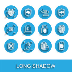 Set line Shield face recognition, Palm print, Fingerprint, with lock, Mobile fingerprint scan, Motion sensor, and icon. Vector