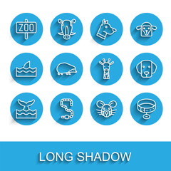Set line Whale tail in ocean wave, Worm, Zoo park, Rat head, Collar with name tag, Hedgehog, Dog and Giraffe icon. Vector