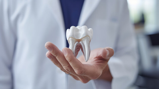 A mock-up of a tooth in the dentist's hand.
