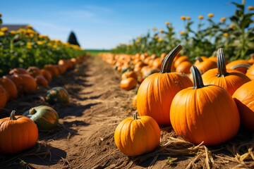 a pumpkin patch on a farm, with ripe pumpkins ready to be picked for Halloween Generative AI