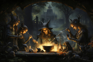 a gathering of witches around a cauldron, preparing for their Halloween rituals Generative AI