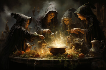 a gathering of witches around a cauldron, preparing for their Halloween rituals Generative AI - obrazy, fototapety, plakaty