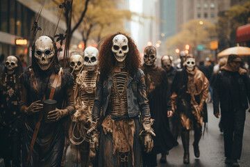 Obraz premium a Halloween costume parade, with participants showcasing their creative and spooky attire Generative AI