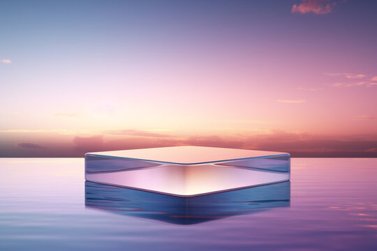 Transparent glass podium on crystal water surface in purple and yellow sunset with clouds sky background. Show case for cosmetic products, new product, promotion sale and presentation. Generative AI