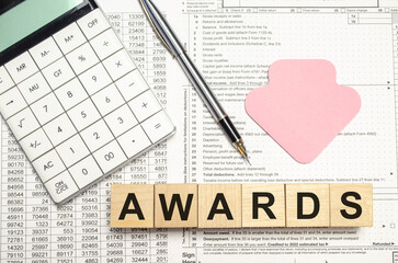 awards - words from wooden blocks with letters, ethics moral philosophy concept, white background