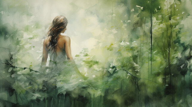 igure immersed in a verdant forest, soft - focus, blurry style emphasizing the healing energy of nature, therapeutic color palette of greens and earth tones, abstract watercolor painting, wet - on - w