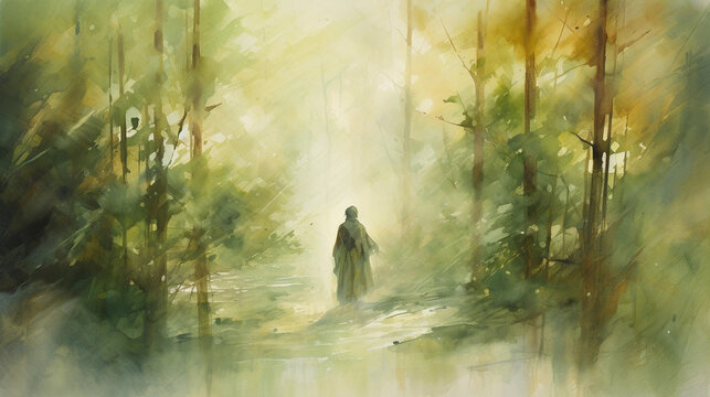 igure immersed in a verdant forest, soft - focus, blurry style emphasizing the healing energy of nature, therapeutic color palette of greens and earth tones, abstract watercolor painting, wet - on - w