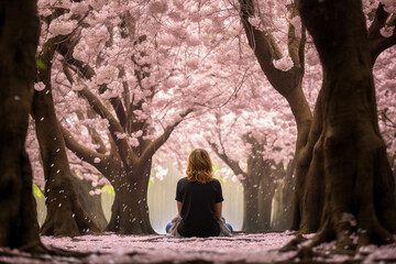 Forest bathing in a cherry blossom forest, woman sitting under a canopy of blooming trees, pink petals raining down, beautiful, peaceful, and surreal