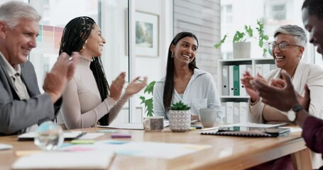 Happy business people, applause and meeting for promotion, congratulations or teamwork at the office. Diversity and group of employees clapping hands for team success, ideas or well done at workplace