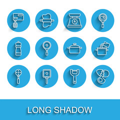 Set line Spatula, Frying pan, Electric mixer, Vegetable peeler, Broken egg, Cooking pot and icon. Vector