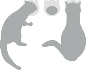The outlines of two cats. Kittens eat. Illustration in gray tones. Cute animals for the cover