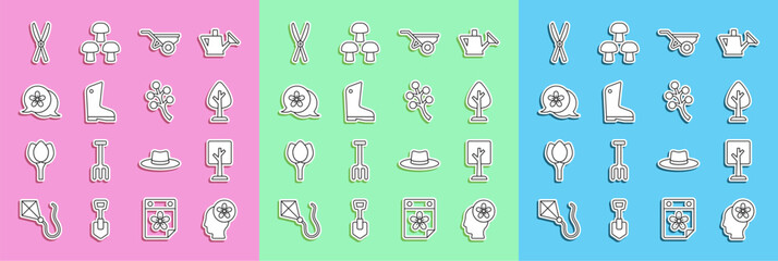 Set line Human head with flower inside, Forest, Wheelbarrow dirt, Rubber gloves, Flower, Gardening handmade scissors and Blossom tree branch icon. Vector