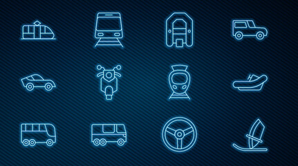 Fototapeta premium Set line Windsurfing, Rafting boat, Scooter, Car, Tram and railway, and Train icon. Vector