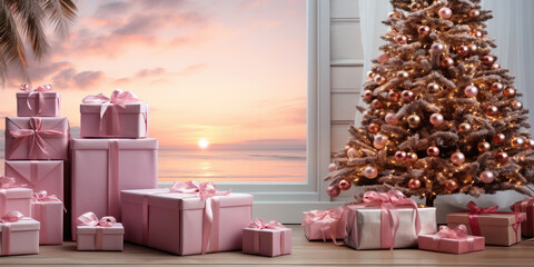 Christmas pink gifts,  Christmas tree near window with tropical sunset beach background. 