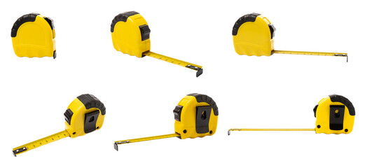 Yellow black measuring tape isolated on white background. Tape measure isolated on white background. Construction tool.