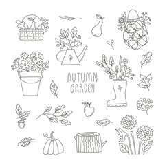 Vector Line set with autumn garden bouquet compositions for card, invitation, web site, stickers, banner. Cute fall minimal illustrations