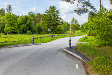 Close-up view of country road with speed limit by compulsion to slow download because of road narrows. Sweden.