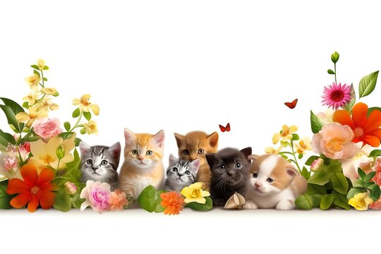 Children's greeting card template with cute cartoon kittens and puppies in flower frame isolated on white background