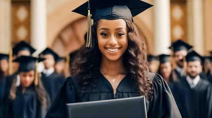 Portrait of a smiling african american female graduate in cap and gown looking at camera against the background of university graduates. Education, goal or university with a female pupil outside. 