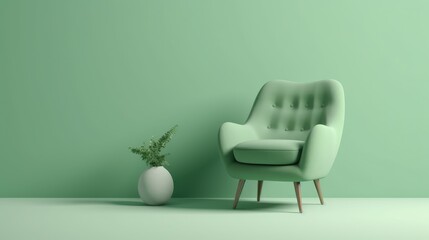 Green armchair on a green wall background