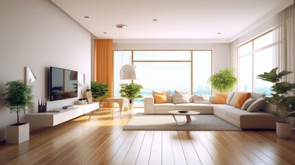Fototapeta na wymiar Modern living room apartment interior with sofa, coffee table and plant