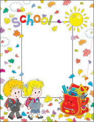 Obraz na płótnie Canvas Vector school frame border with funny little schoolchildren, a cartoon satchel, yellow sun and falling colorful autumn leaves