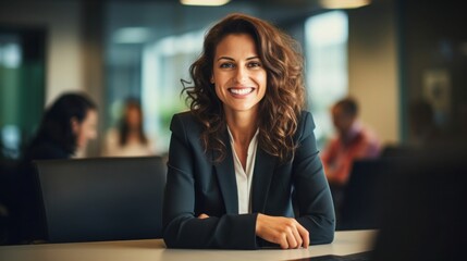 portrait of a business woman. Woman manager smiles in the boardroom, in a meeting, in a meeting. director, manager, employee. Girl in a business suit. Generative Ai - obrazy, fototapety, plakaty