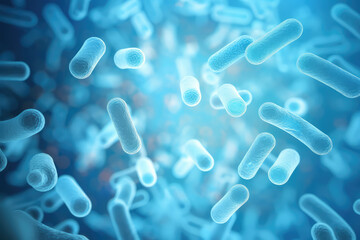 Lactic Acid Bacteria Genome Database. Light blue color. Microscope shot of Lactobacillus and Bifidobacterium. 3d render illustration style. Flying Molecules in capsule form. 