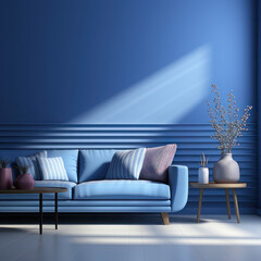 Interior design, blue living room with blue sofa. AI generative.