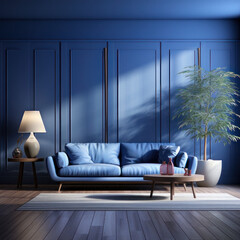 Interior design, blue living room with blue sofa, square photo. AI generative.