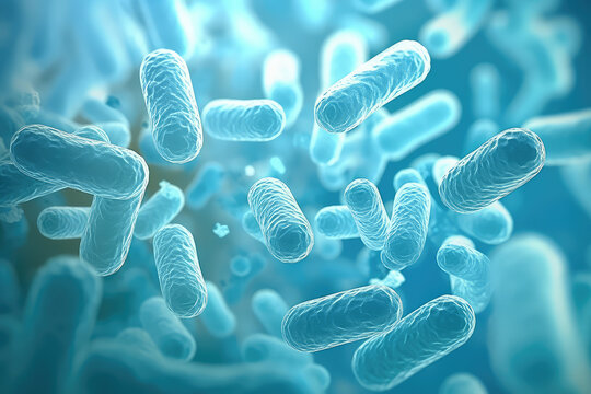 Lactic Acid Bacteria Genome Database. Light blue color. Microscope shot of Lactobacillus and Bifidobacterium. 3d render illustration style. Flying Molecules in capsule form. 