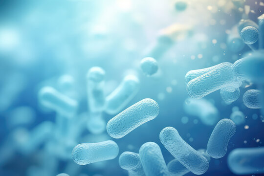 Lactic Acid Bacteria Genome Database. Light blue color. Microscope shot of Lactobacillus and Bifidobacterium. 3d render illustration style. Flying Molecules in capsule form. 