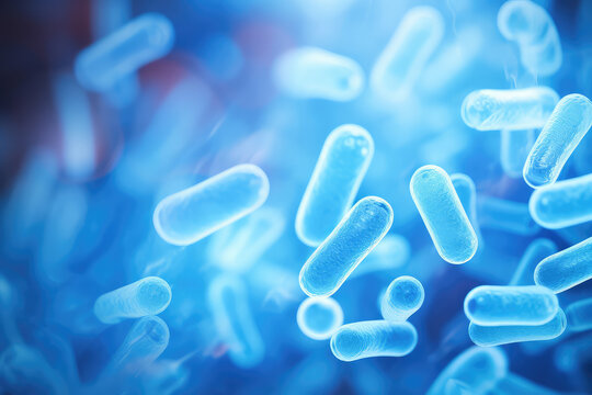 Lactic Acid Bacteria Genome Database. Light blue color. Microscope shot of Lactobacillus and Bifidobacterium. 3d render illustration style. Flying Molecules in capsule form. 