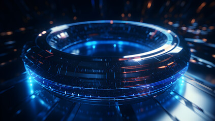 Fototapeta na wymiar Generative AI of a futuristic torus, circular loop, quantum computer, ring with blue lights in the background, realistic hyper-detailed rendering, qbits, 8K wallpaper, desktop background
