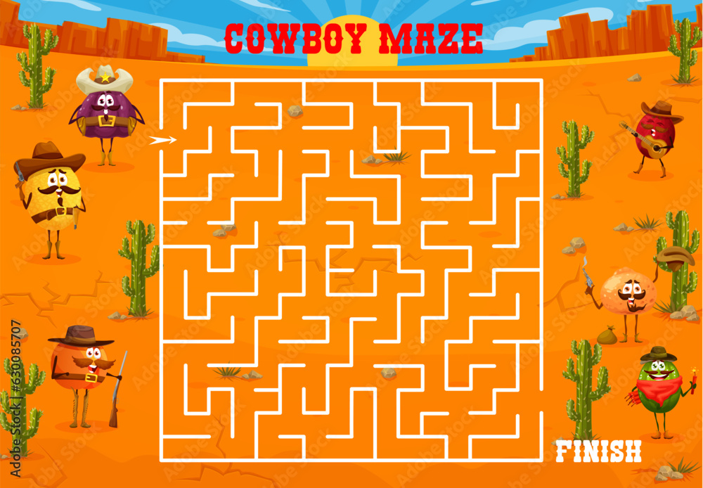 Wall mural Western labyrinth maze, cartoon cowboy, sheriff, bandit and ranger fruit characters, vector game worksheet. Funny melon and watermelon with orange and tangerine on kids labyrinth escape or puzzle quiz