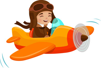 Kid flying on plane, cartoon pilot character on airplane or boy aviator, isolated vector. Child fly on plane or travel in toy aircraft with propeller in sky with aviator goggles and happy smiling © Vector Tradition
