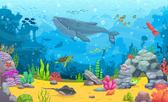 Cartoon underwater landscape. Blue whale, fish shoals and sea animals between seaweeds. Vector background for game or wallpaper with turtle, stingray, puffer fish and squid at seafloor with ruins