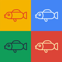 Pop art line Puffer fish icon isolated on color background. Fugu fish japanese puffer fish. Vector