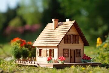Fototapeta na wymiar Miniature model house on green grass background.