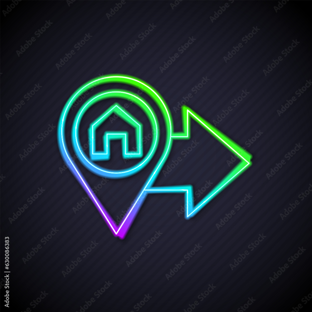 Poster glowing neon line map pointer with house icon isolated on black background. home location marker sym