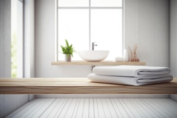 Fototapeta na wymiar Stack of white towels on wooden table in modern kitchen
